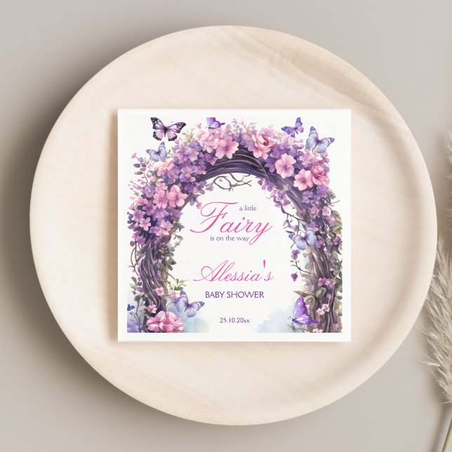 Lila verzauberte Gartenmärchendusche Serviette (Purple pink enchanted garden butterflies fairy baby shower monogram printed napkins table decor)