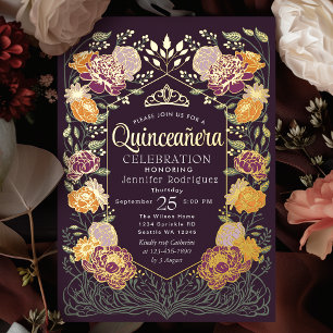 Lila verzauberter Garten Floral Quinceanera Folieneinladung