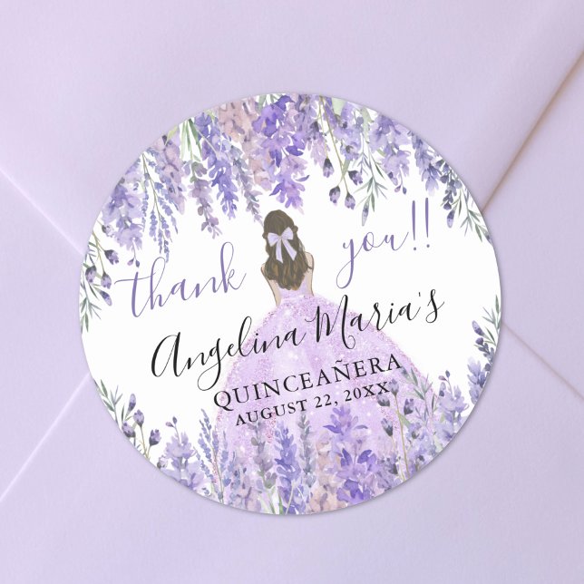 Lila vielen Dank an Floral Quinceanera Runder Aufkleber (Purple Thank You Floral Quinceanera Classic Round Sticker)