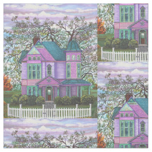 Lila viktorianische Haus-Pfosten-Zaun-Landschaft Stoff