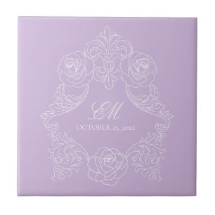 Lila viktorianische Monogramm-Hochzeitskeramikflie Fliese