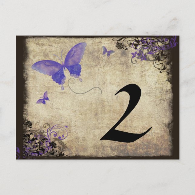 Lila Vintage Butterfly-Hochzeit-Tischnummer Postkarte (Vorderseite)