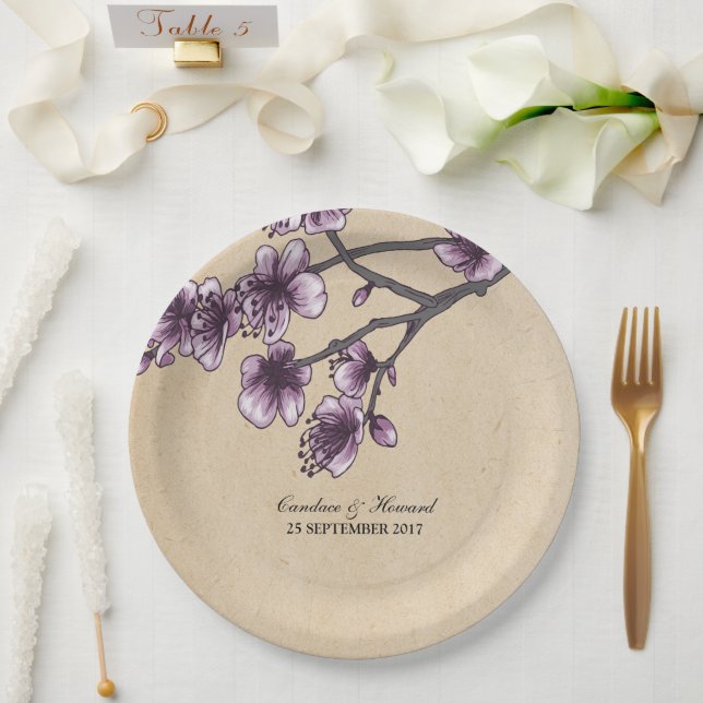 Lila Vintage Kirschblüten Papier Teller (Hochzeit)