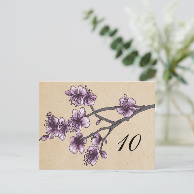 Lila Vintage Kirschblüten Tischnummer (Stehend Vorderseite)