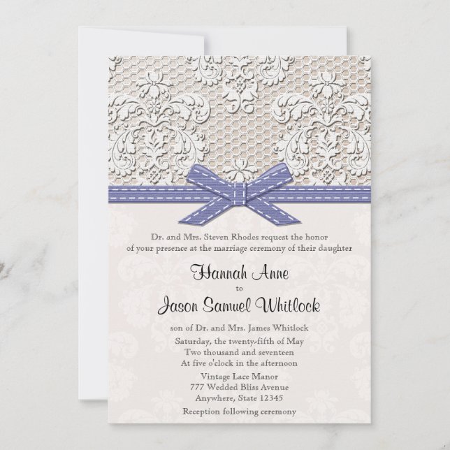 Lila Vintage Spitze-und Perlen-Glamour-Hochzeit Einladung (Vorderseite)