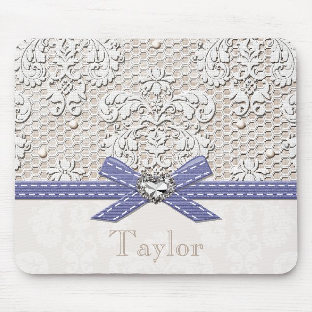 Lila Vintage Spitze und Perlen Mousepad (Vorne)