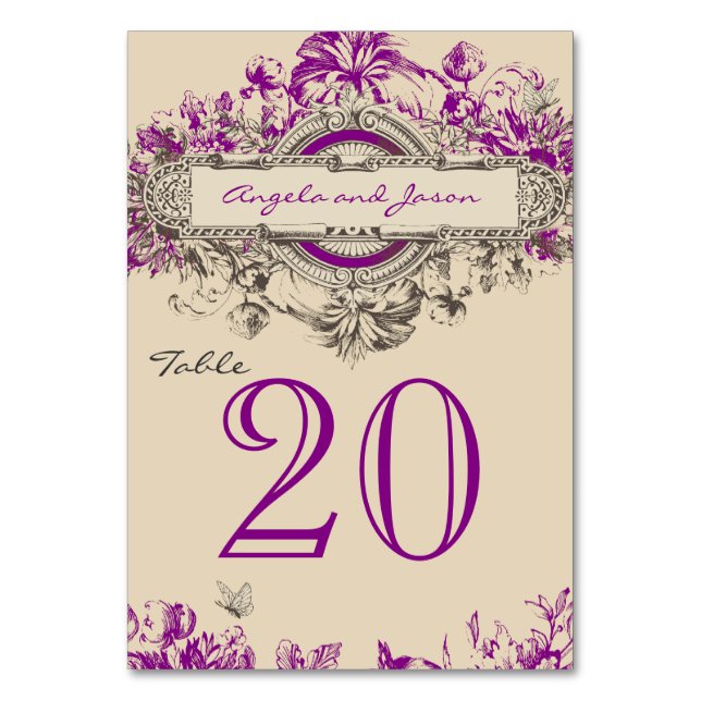 Lila Vintage Wedding Tischnummer Card (Vorderseite)