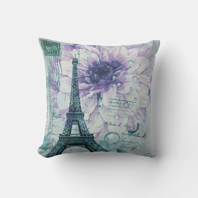 lila Vintager mit Blumenturm Paris Eiffel Kissen (Vorderseite)