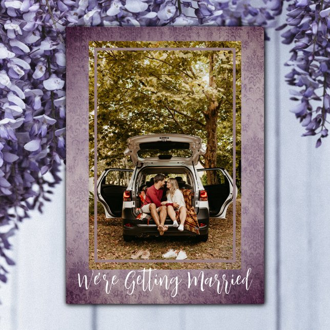 Lila Vintages Damaskus-Foto Save the Date (Purple Vintage Damask Photo Save the Date)