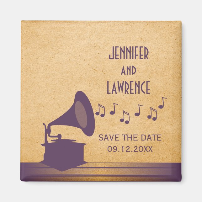 Lila Vintages Gramophon Save the Date Magnet (Vorne)