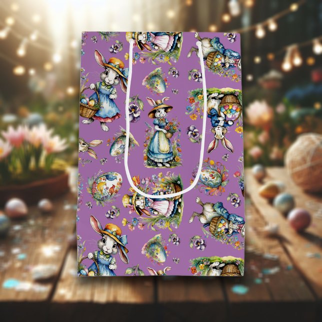 Lila Vintages Ostern Bunny Flower Mittlere Geschenktüte (Von Creator hochgeladen)