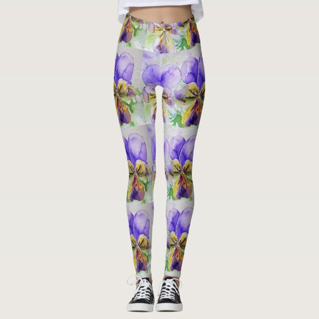 Lila Viola Floral Blume Aquarell Leggings (Vorderseite)