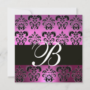LILA VIOLET-BLACK-DAMASK-MONOGRAMM, weiß, Einladung