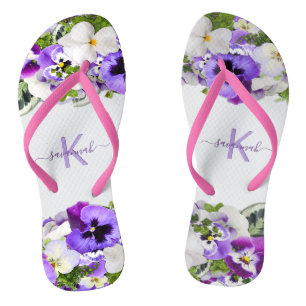 Lila Violet-Flora, weiße Monogrammnamenskripte Flip Flops
