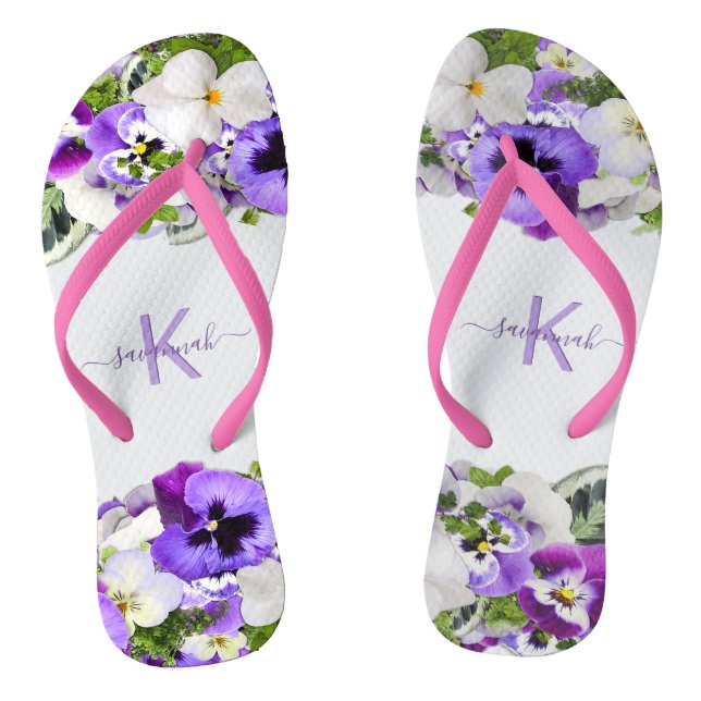 Lila Violet-Flora, weiße Monogrammnamenskripte Flip Flops (Fußbett)