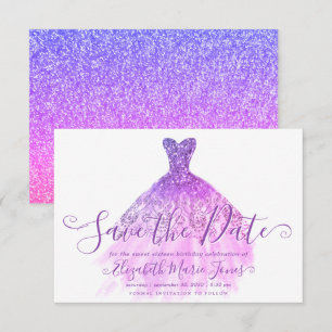 Lila Violet Glitzer ChicDress Sweet 16 Geburtstag Save The Date