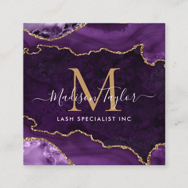 Lila Violet Gold Glitzer Marmoragate Monogramm Quadratische Visitenkarte (Vorderseite)