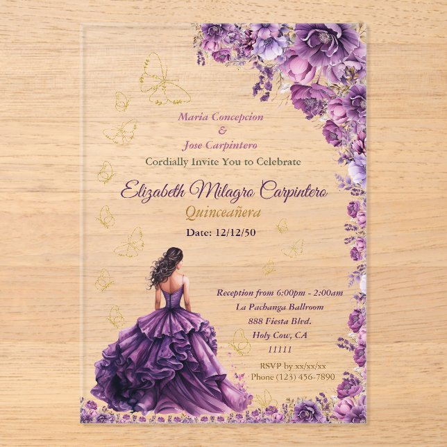 Lila Violet Lilac Lavender Mauve Quinceañera Acryleinladungen (Vorderseite)