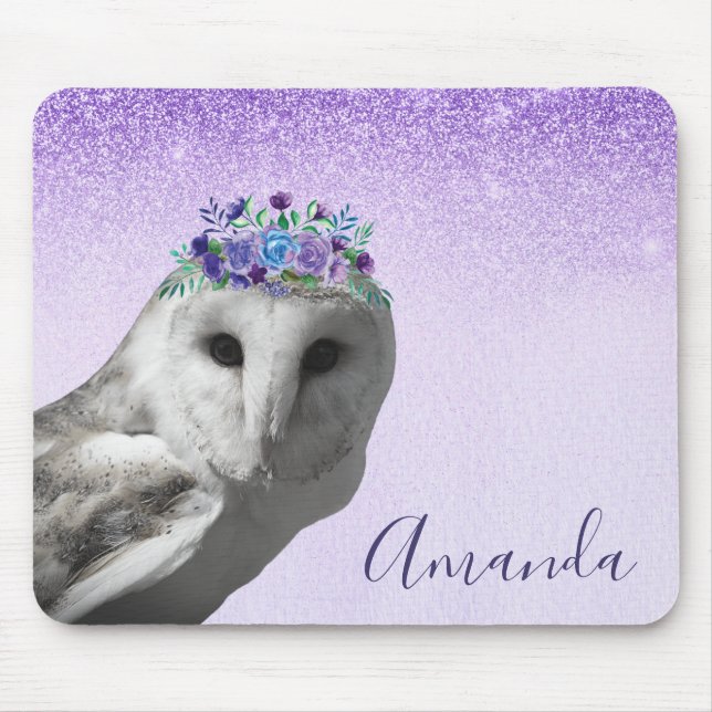 Lila Violet Owl Blume Kronen Glitzer personalisier Mousepad (Vorne)