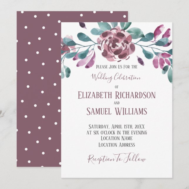 Lila Violet Peony Watercolor Polka-Punkt zurück Einladung (Vorne/Hinten)
