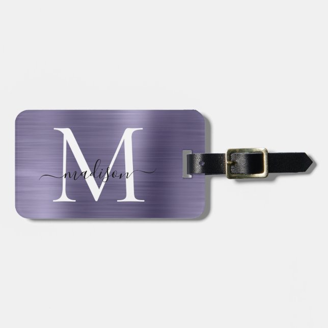 Lila Violet Pinsel Metal Script Monogram Niedlich Gepäckanhänger (Vorderseite horizontal)