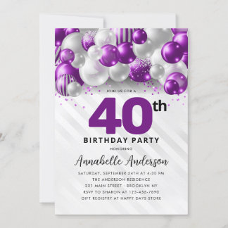 Lila Violet Silver Ballon Glitzer 40. Geburtstag Einladung