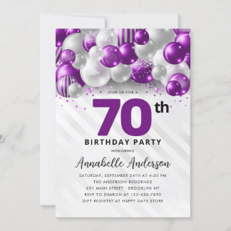 Lila Violet Silver Ballon Glitzer 70. Geburtstag Einladung
