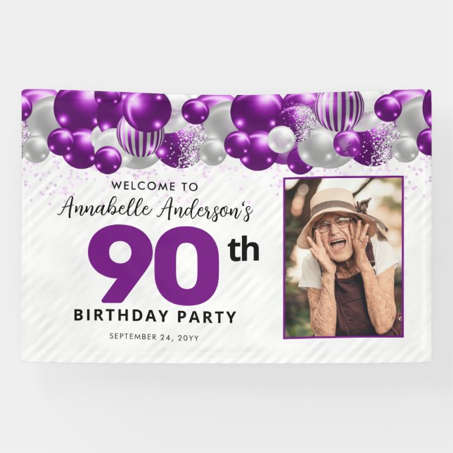 Lila Violet Silver Balloon Glitzer Foto Willkommen Banner (Horizontal)