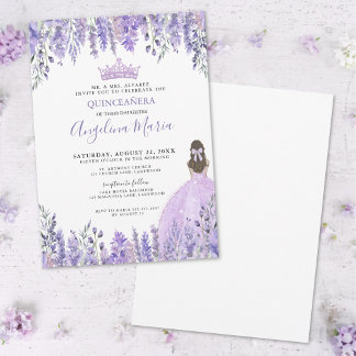 Lila Violet Sparkle Tiara Floral Quinceañera Einladung