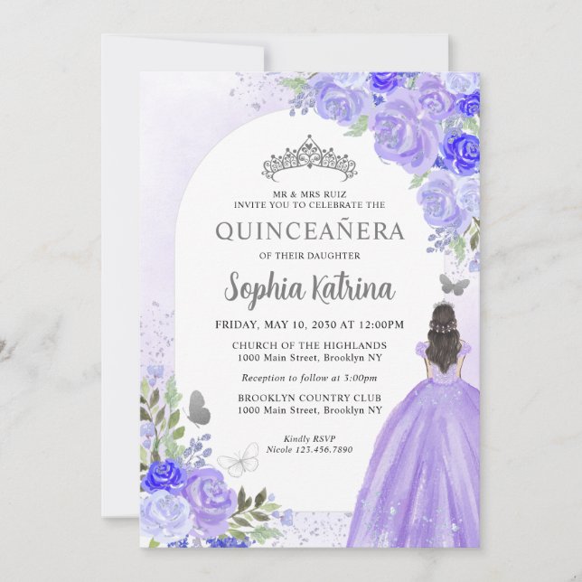 Lila Violetprinzessin Birthday Quinceanera Einladung (Vorderseite)