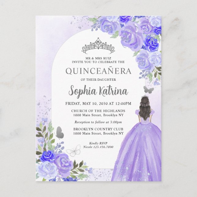 Lila Violetprinzessin Birthday Quinceanera Einladungspostkarte (Vorderseite)