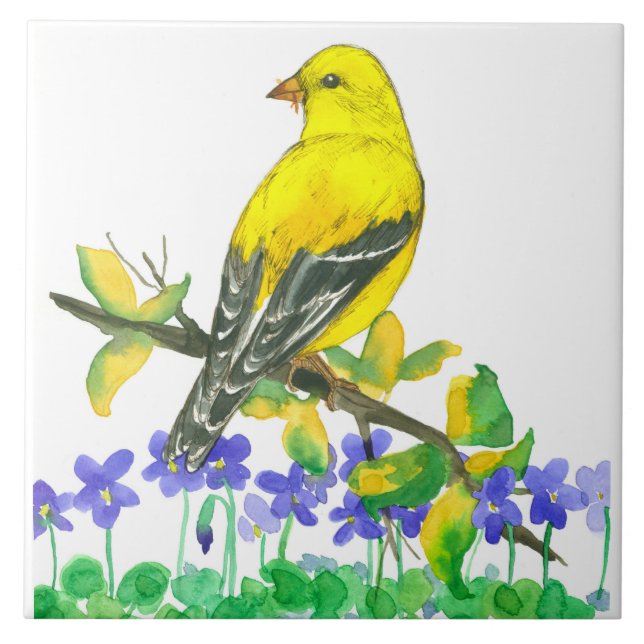 Lila Violets, American Goldfinch Bird Yellow Fliese (Vorderseite)