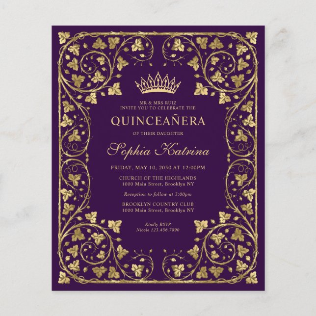 Lila Violett Gold Tiara Quinceanera (Vorderseite)