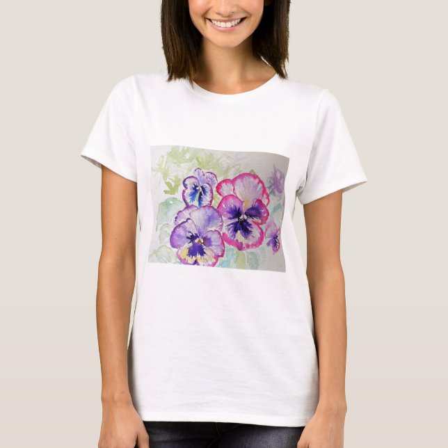 Lila Violett-Pansy Wasserfarben-Malerei T Shirt (Vorderseite)