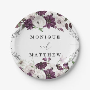 Lila Violett Weiße Rosen Silver Geometric Wedding Pappteller