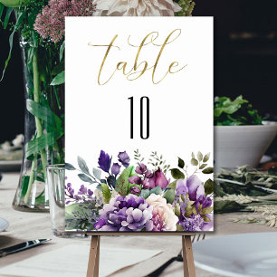 Lila Violette Aquarell-Blumenstrauß Goldschrift Tischnummer