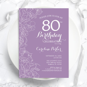 Lila violette Blumenparty zum 80. Geburtstag Einladung