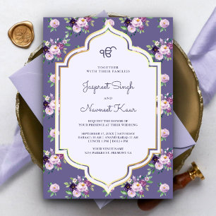Lila violette Blumige Anand Karaj Sikh-Hochzeit Einladung
