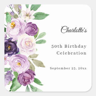 Lila violette florale Geburtstag Quadratischer Aufkleber