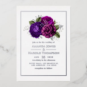 Lila, violette, pflaumenfarbene und silberne Hochz Folieneinladung