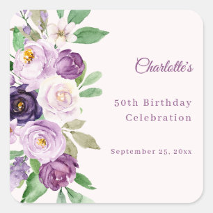 Lila violette rosa Blumen Geburtstag Quadratischer Aufkleber