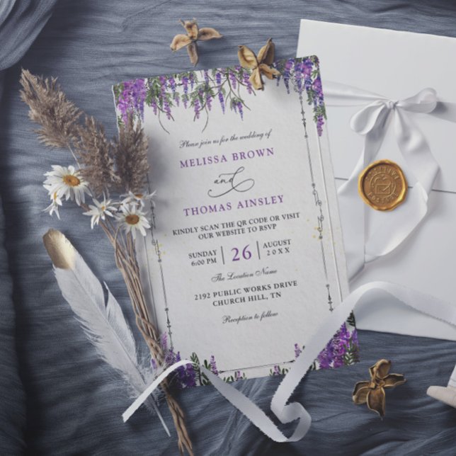 Lila Violette Wasserfarbe Budget QR Code Hochzeit Einladung (Von Creator hochgeladen)