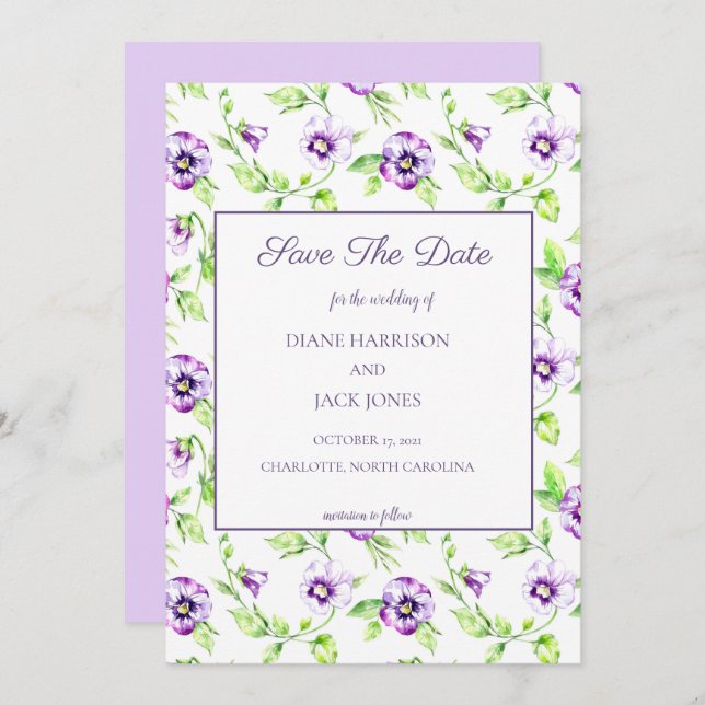 Lila Violetten Save the Date Einladung (Vorne/Hinten)
