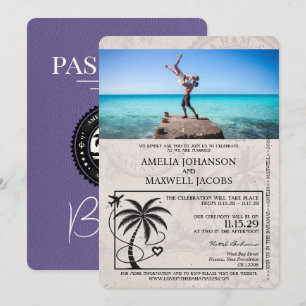 Lila violetter Bahamas Reisepass Hochzeit Einladung