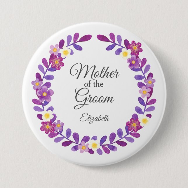 Lila / violetter Blumenkranz Mutter des Bräutigams Button (Vorderseite)
