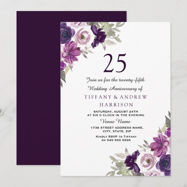 Lila Violettflor 25. Hochzeitstag Einladung (Vorne/Hinten)