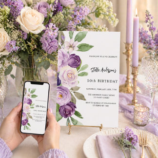 Lila Violettfloralen Geburtstag Einladung
