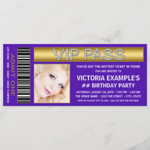 Lila VIP Pass Eintrittskarte Geburtstagsparty Einladung