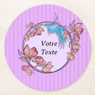lila Vogel mit Blumenkrone Runder Pappuntersetzer