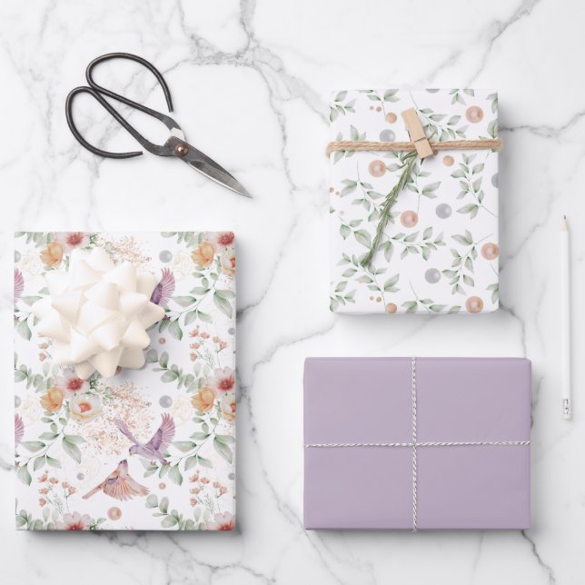 Lila Vögel und Berries Bridal Geschenkpapier Set (Vorderseite)